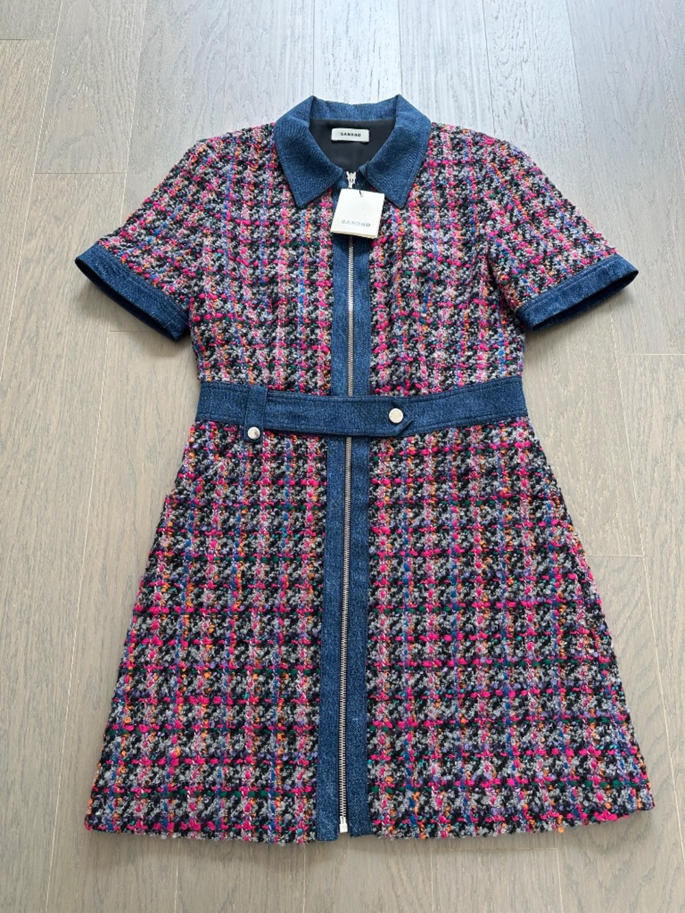 Sandro Pink Tweed Checked Denim Zip Front Coat Dress - With Tags - FR 38 = US 6 - Picture 2 of 9